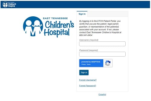 ETCH Patient Portal Login Screen